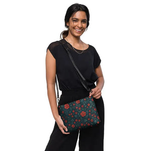 Red Flowers Crossbody Bag Dark Teal Hands Free Style - Dipaliz - Cross Body Bags