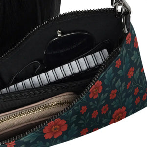 Red Flowers Crossbody Bag Dark Teal Hands Free Style - Dipaliz - Cross Body Bags