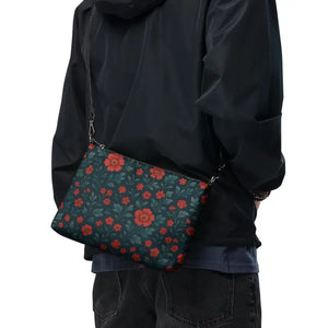 Red Flowers Crossbody Bag Dark Teal Hands Free Style - Dipaliz - Cross Body Bags