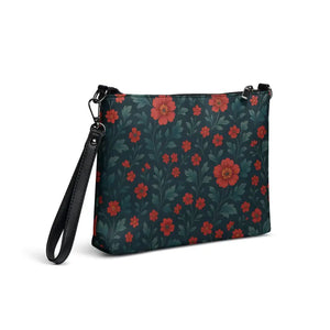 Red Flowers Crossbody Bag Dark Teal Hands Free Style - Dipaliz - Cross Body Bags