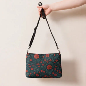 Red Flowers Crossbody Bag Dark Teal Hands Free Style - Dipaliz - Cross Body Bags
