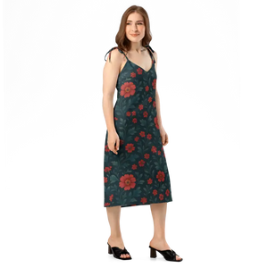 Midi Dress Red Flowers Built-in Bra Support Summer Style - Dipaliz - Dresses