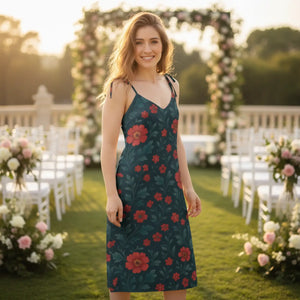 Red Flowers Midi Dress – Built-in Bra Support - Dipaliz - Dresses - Xs