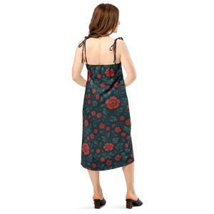 Midi Dress Red Flowers Built-in Bra Support Summer Style - Dipaliz - Dresses