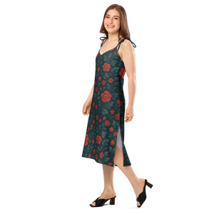 Midi Dress Red Flowers Built-in Bra Support Summer Style - Dipaliz - Dresses