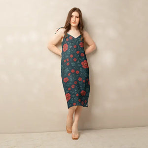 Midi Dress Red Flowers Built-in Bra Support Summer Style - Dipaliz - Xs - Dresses