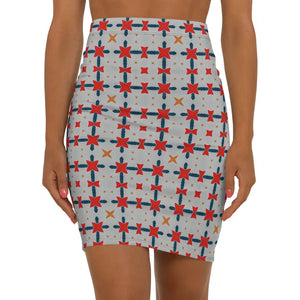 Red Pattern Mini Skirt Grey Background Statement Piece - Dipaliz - Xs / Black Stitching - Skirts