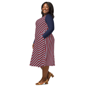 Red White Blue Stripe Midi Dress – Long Sleeve - Dipaliz - Dresses - Xs