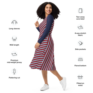 Red White Blue Stripe Midi Dress – Long Sleeve - Dipaliz - Dresses - Xs