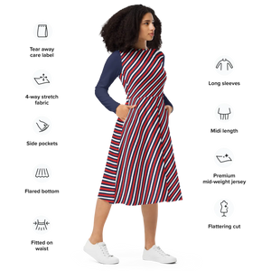 Red White Blue Stripe Midi Dress – Long Sleeve - Dipaliz - Dresses - Xs