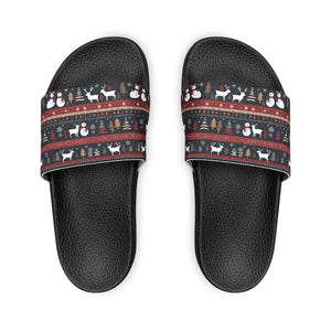 Youth Pu Slide Sandals - Festive Reindeer Christmas Fun - Dipaliz - Black / Kid’s 13
