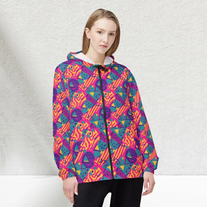 Outerwear - Retro 90s Pattern Windbreaker Jacket — Neon Geometric Aop Xs