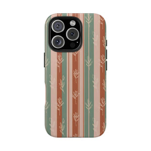 Retro Earth Tone Stripe Tough Phone Case, Hand-drawn Botanical Lines - Iphone 16 Pro