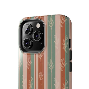 Retro Earth Tone Stripe Tough Phone Case, Hand-drawn Botanical Lines
