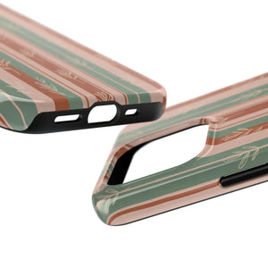 Retro Earth Tone Stripe Tough Phone Case, Hand-drawn Botanical Lines