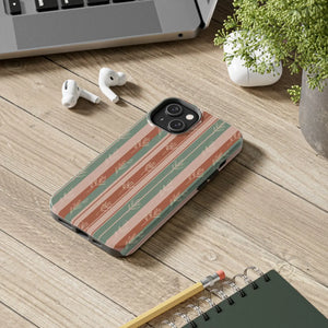 Retro Earth Tone Stripe Tough Phone Case, Hand-drawn Botanical Lines