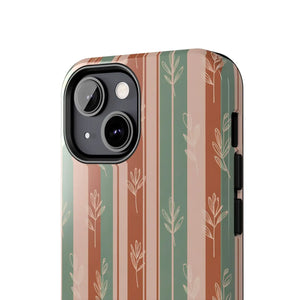 Retro Earth Tone Stripe Tough Phone Case, Hand-drawn Botanical Lines