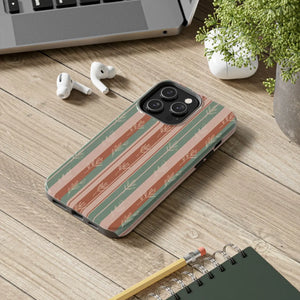 Retro Earth Tone Stripe Tough Phone Case, Hand-drawn Botanical Lines