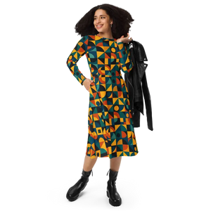 Retro Geometric Pattern Sleeve Midi Dress Ultra Soft Comfort - Dipaliz - 2xs - Dresses