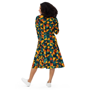 Retro Geometric Pattern Sleeve Midi Dress Ultra Soft Comfort - Dipaliz - Dresses