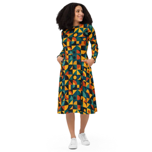 Retro Geometric Pattern Sleeve Midi Dress Ultra Soft Comfort - Dipaliz - Dresses