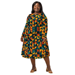 Retro Geometric Pattern Sleeve Midi Dress Ultra Soft Comfort - Dipaliz - Dresses