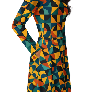 Retro Geometric Pattern Sleeve Midi Dress Ultra Soft Comfort - Dipaliz - Dresses