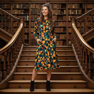 Retro Geometric Sleeve Midi Dress – Ultra Soft Comfort - Dipaliz - Dresses - Xs
