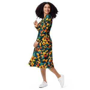 Retro Geometric Pattern Sleeve Midi Dress Ultra Soft Comfort - Dipaliz - Dresses