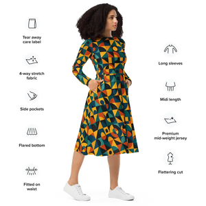 Retro Geometric Pattern Sleeve Midi Dress Ultra Soft Comfort - Dipaliz - Dresses