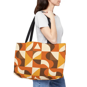 Bags - Retro Geometric Weekender Tote - 70s Orange Brown Travel - Dipaliz 24’’ × 13’’