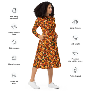 Retro Orange Geometric Print Long Sleeve Midi Dress - Dipaliz - Dresses