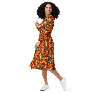 Retro Orange Geometric Print Long Sleeve Midi Dress - Dipaliz - Dresses