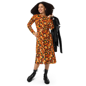 Retro Orange Geometric Print Long Sleeve Midi Dress - Dipaliz - 2xs - Dresses