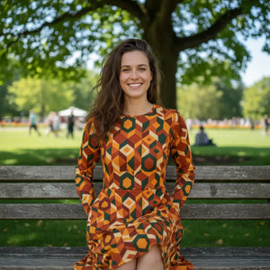 Retro Orange Geometric Print Long Sleeve Midi - Dipaliz - Dresses - Xs