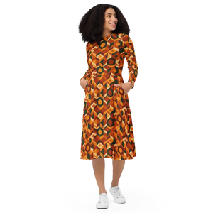 Retro Orange Geometric Print Long Sleeve Midi Dress - Dipaliz - Dresses