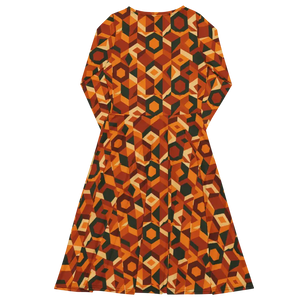 Retro Orange Geometric Print Long Sleeve Midi Dress - Dipaliz - Dresses