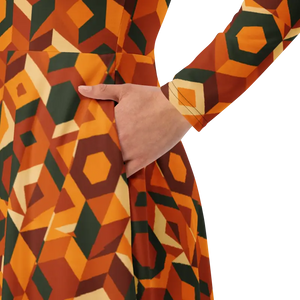 Retro Orange Geometric Print Long Sleeve Midi Dress - Dipaliz - Dresses