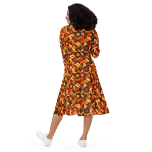 Retro Orange Geometric Print Long Sleeve Midi Dress - Dipaliz - Dresses