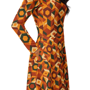 Retro Orange Geometric Print Long Sleeve Midi Dress - Dipaliz - Dresses