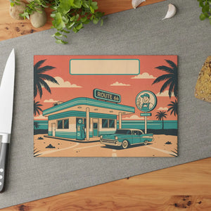 Retro Route 66 Glass Cutting Board, Vintage Gas Station Kitchen Decor - 8’’ x 11’’ / Rectangle - Home