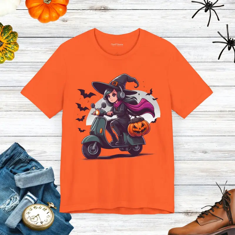 Unleash Witchy Scooter Vibes with this Trendy Halloween Tee - Orange / s T-shirt