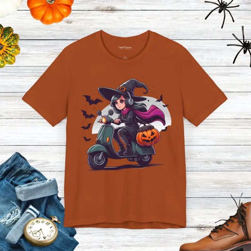 Unleash Witchy Scooter Vibes with this Trendy Halloween Tee - T-shirt