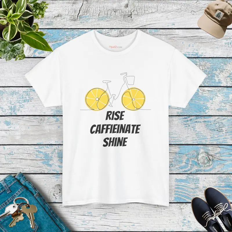 Rise Caffeinate Shine and Bicycle Fitness Unisex Heavy Cotton Tee - White / s T-shirt