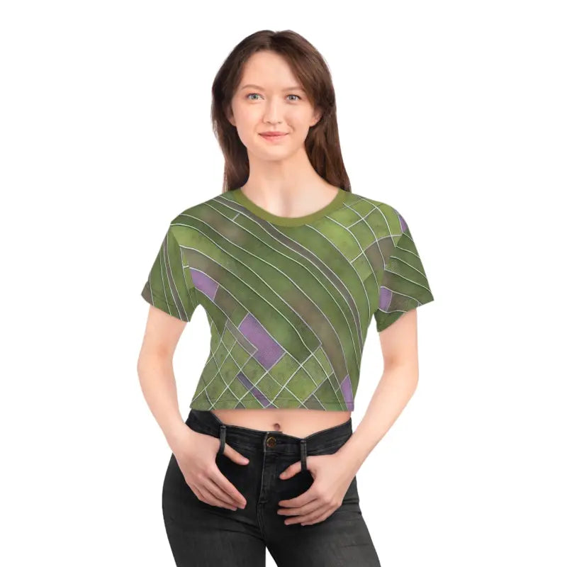 Rock the Abstract Aop Crop Tee in Green & Purple Style - Black Stitching / 2xl All Over Prints