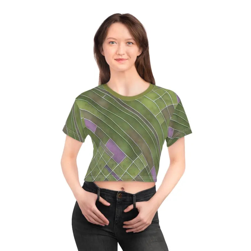 Rock the Abstract Aop Crop Tee in Green & Purple Style - Black Stitching / l All Over Prints