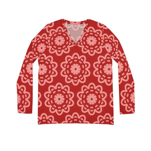 Long Sleeve Neck Shirt - Bold Red Pattern Grey Comfort - Dipaliz - T-shirts