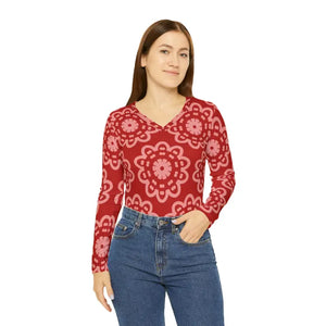 Long Sleeve Neck Shirt - Bold Red Pattern Grey Comfort - Dipaliz - T-shirts