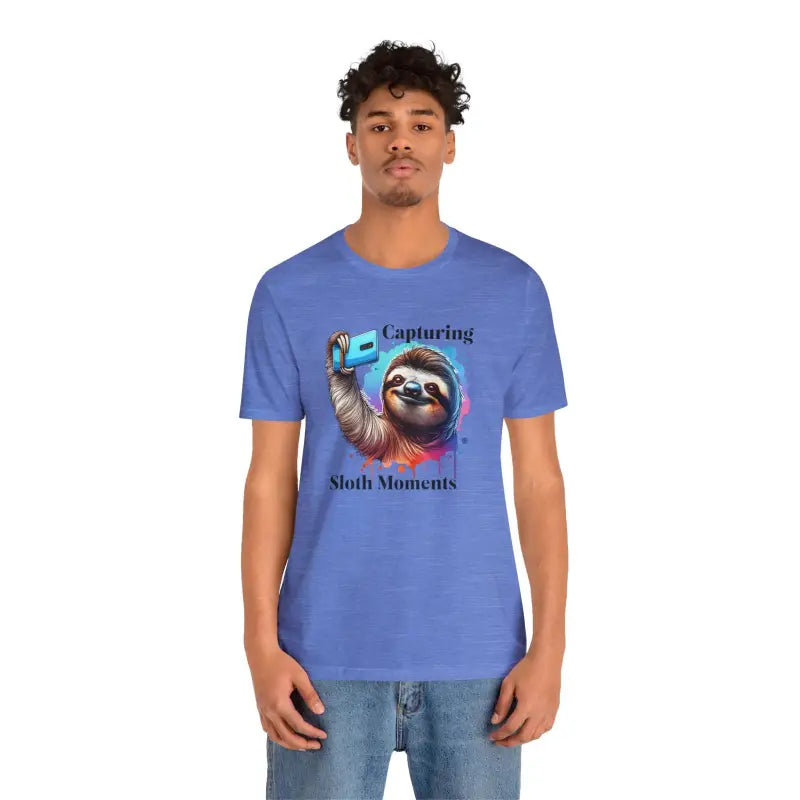 Rock Cozy Style with Comfy Sloth Selfie Cotton Tee - Heather Columbia Blue / s T-shirt