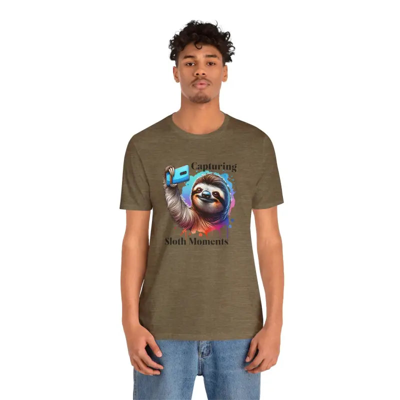 Rock Cozy Style with Comfy Sloth Selfie Cotton Tee - Heather Olive / s T-shirt